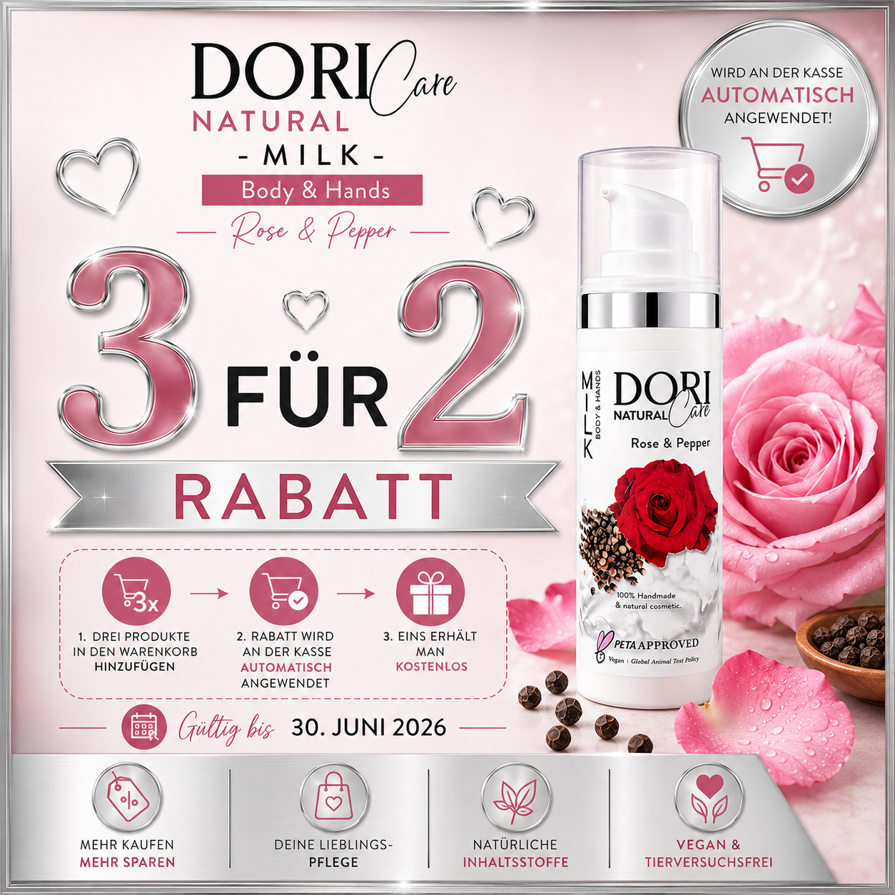 DORICare Natural - MILK Body & Hands - Rose & Pepper, 30 ml
