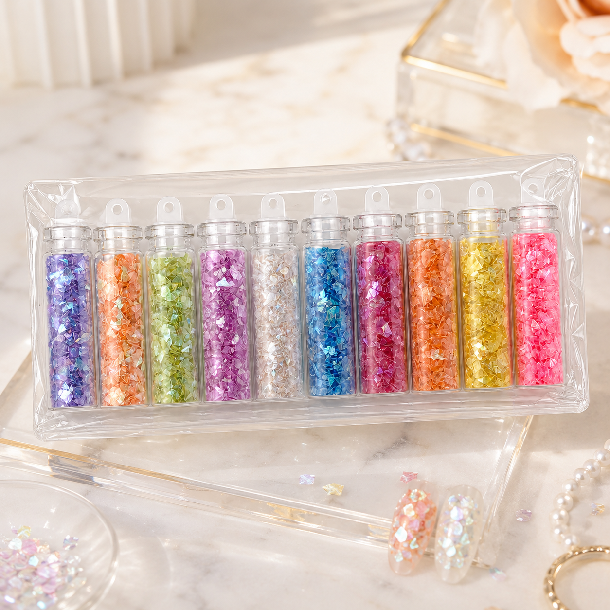  10er Set⎥Flake Glitzer Inlays ⎥Iridescent Nail Art Flakes für Glitzer-Designs, Einleger & 3D Effekte
