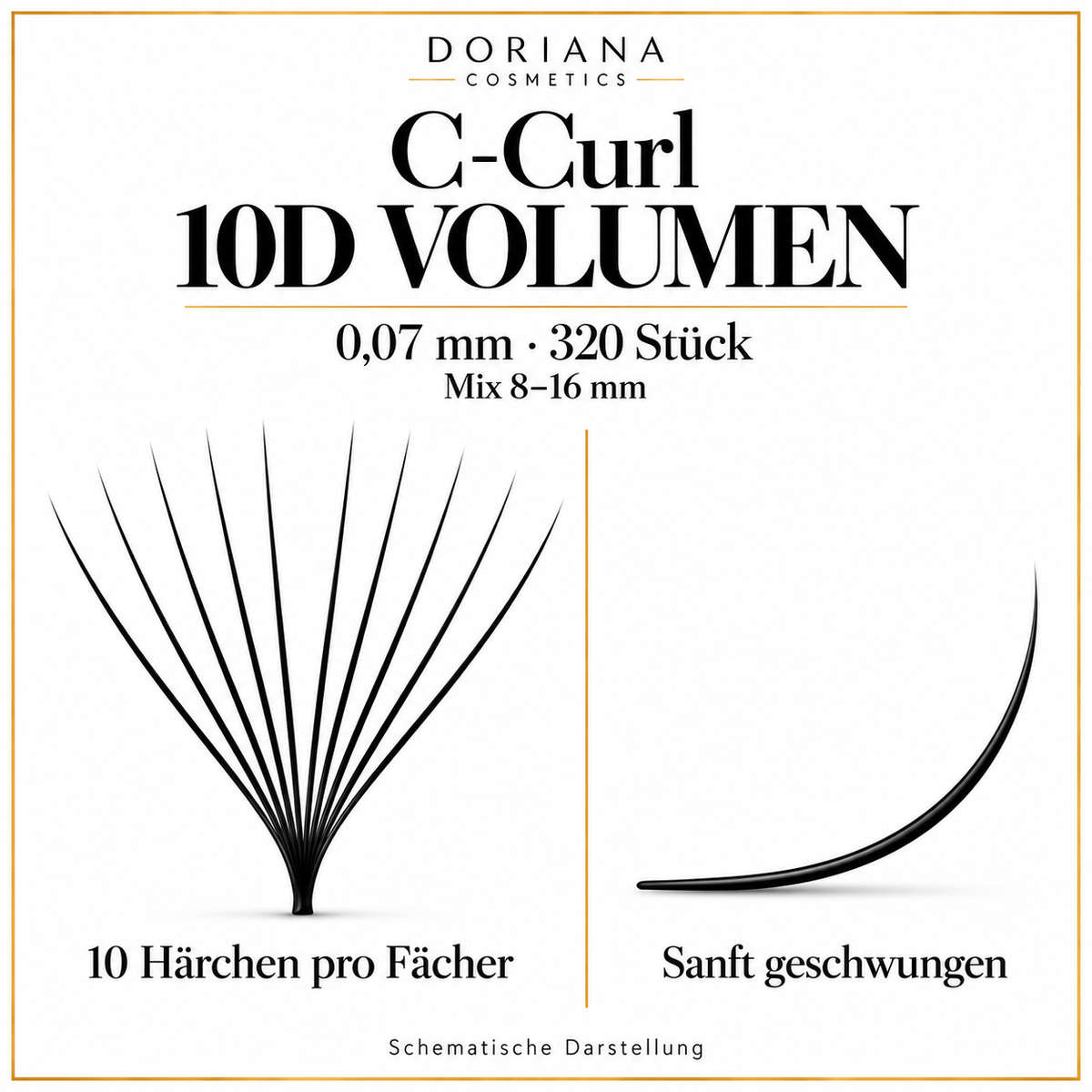 Doriana C-Curl 10D Volumen, 0,07 mm, 320 Stück, Mix 8–16 mm – 10 Härchen pro Fächer und C-Schwung schematisch