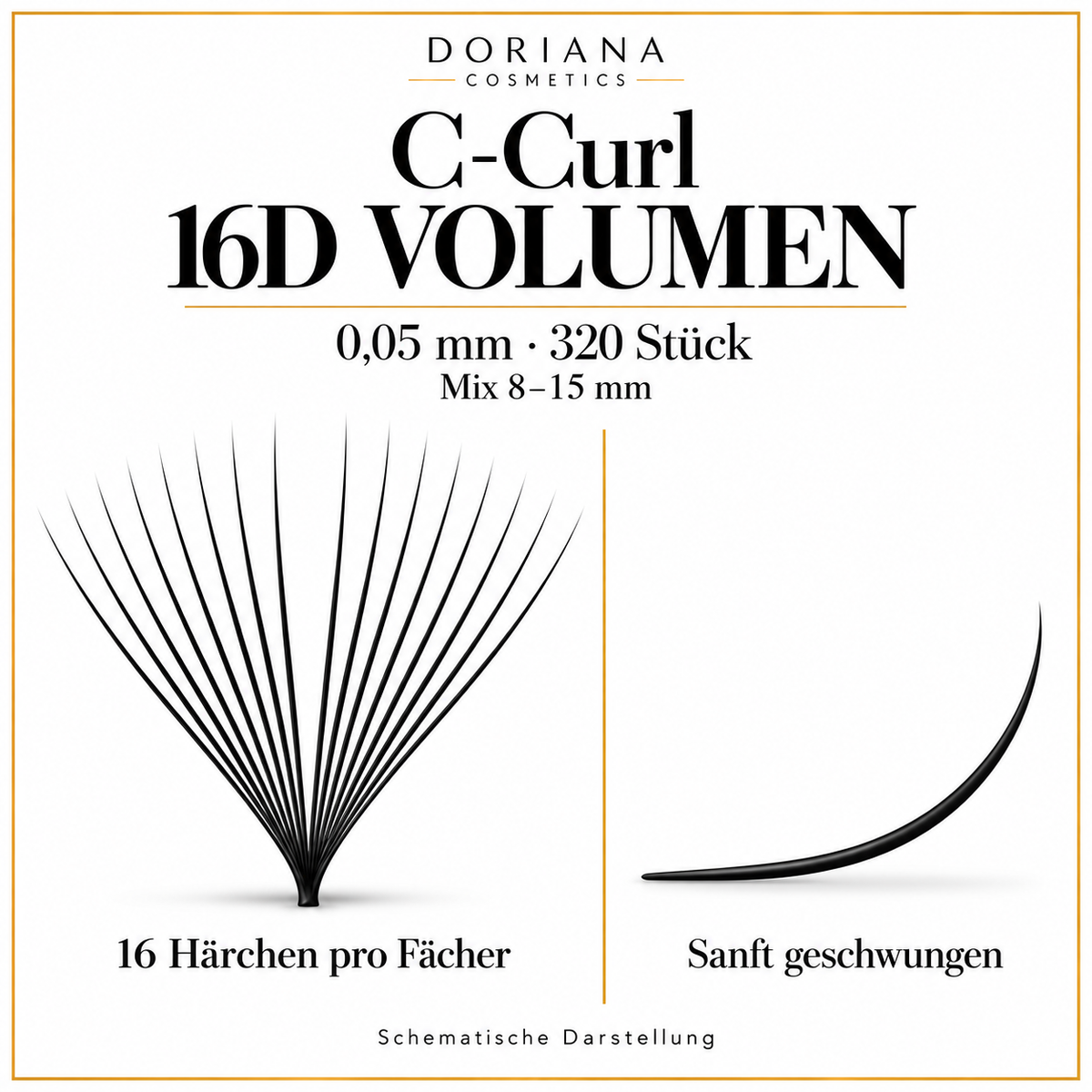 Doriana C-Curl 16D Volumen, 0,05 mm, 320 Stück, Mix 8–15 mm – 16 Härchen pro Fächer und C-Schwung schematisch