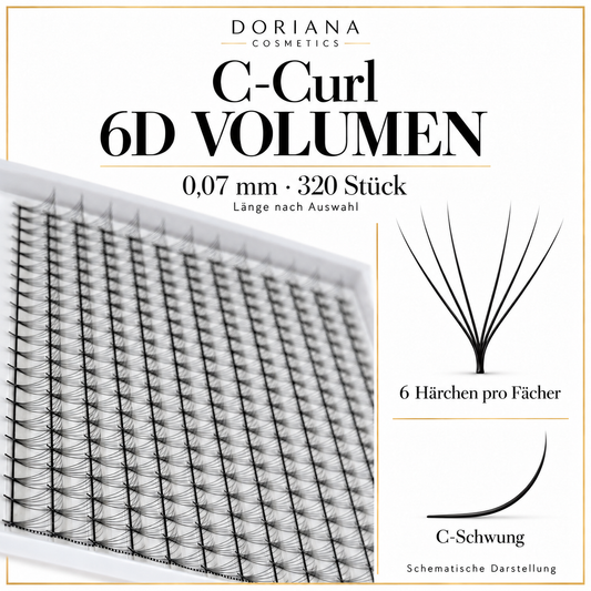 Doriana Wimpernfächer C-Curl, 6D Volumen, 0,07 mm, 320 Stück – Fächer und Schwung schematisch dargestellt