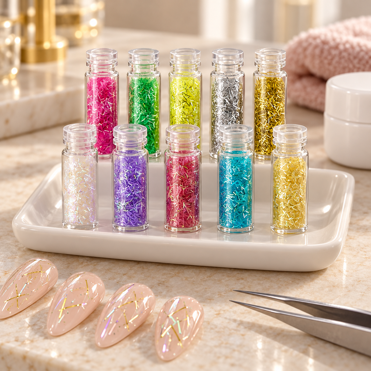 Zehn Farben Streifen-Glitzer-Inlays auf einem Nageltisch mit Nailart-Beispielen